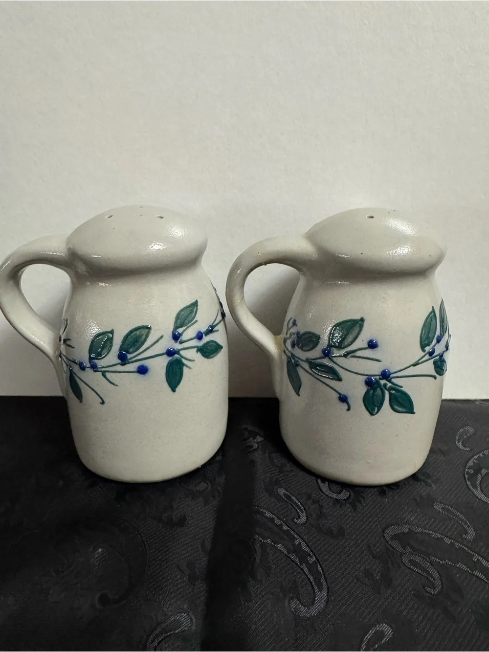 Salmon Falls Stoneware set of Salt & Pepper Shakers ~ Blueberry/Green Vine